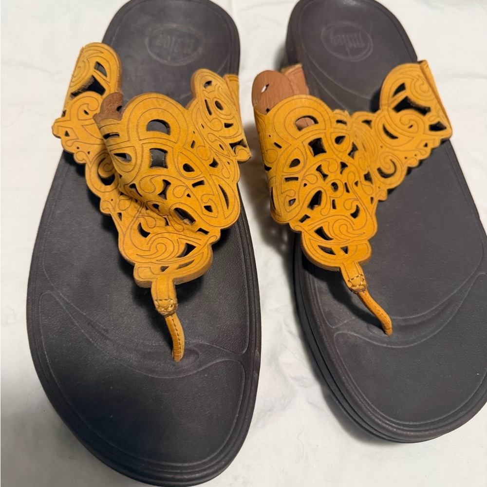 FitFlop Mustard Yellow Laser-Cut Toe-Post Sandals